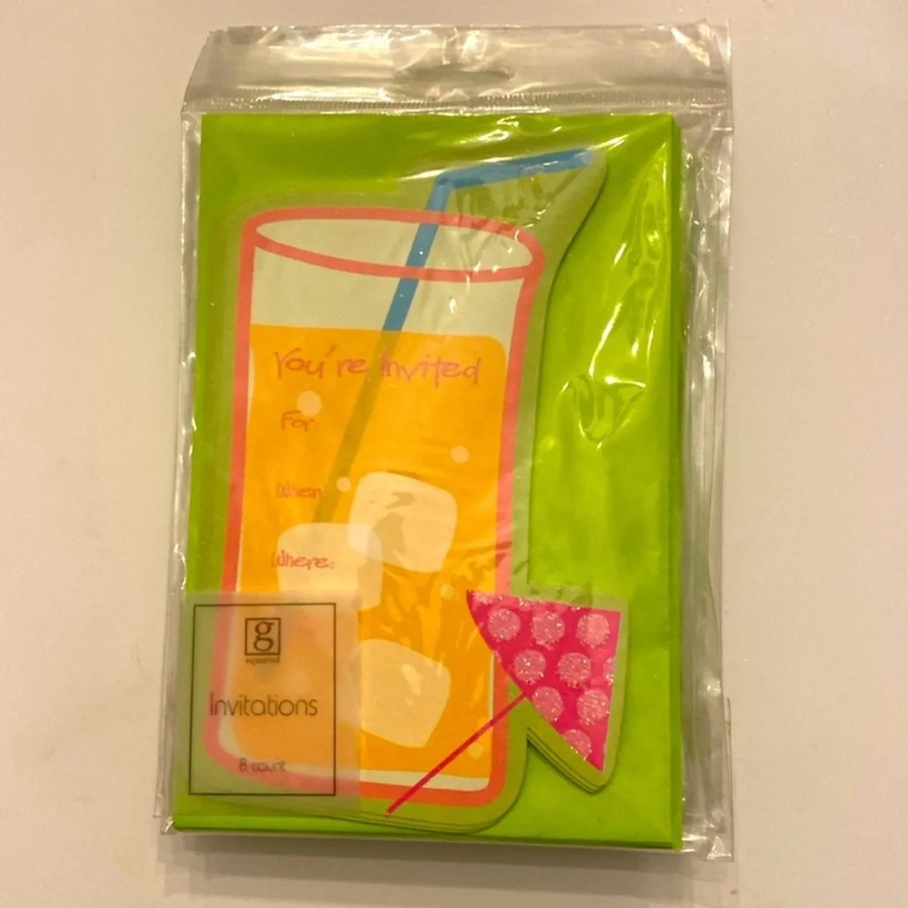 G Squared Tiki Beach 24 Cookout Cocktail Tropical Invitations Green Pink NWT OS